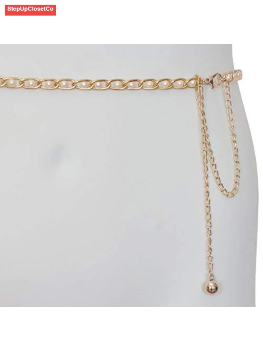 Faux Pearl Gold Chain Link Adjustable Waist Belt Plus Size